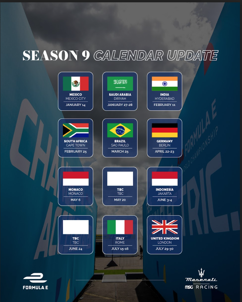 Formula E reveals updated Season 9 calendar | Maserati MSG Racing